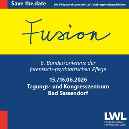 Blau-gelbes Quadrat mit Aufschrift "Fusion" und beigefügten Informationen (Bild: LWL)